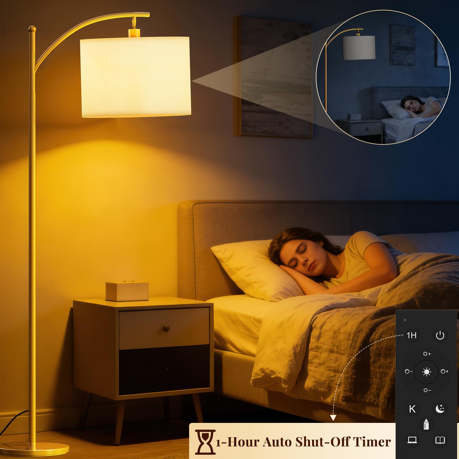 GLUROO Lampadaire Or avec Télécommande,Lampadaire sur Pied Salon avec 3 Couleurs Changeantes,Luminosité Continue,Lampe sur Pied avec Ampoule à Intensité Variable pour Chambre à Coucher,Bureau
