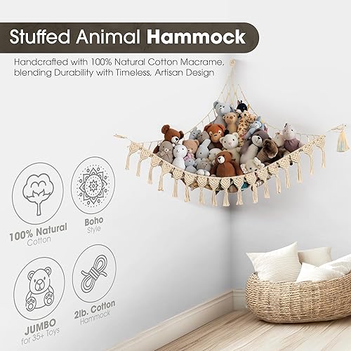 Miniatura 4 de Hamaca extragrande para animales de peluche con luces LED, 100% algodón natural, red de almacenamiento de juguetes de macramé para peluches y