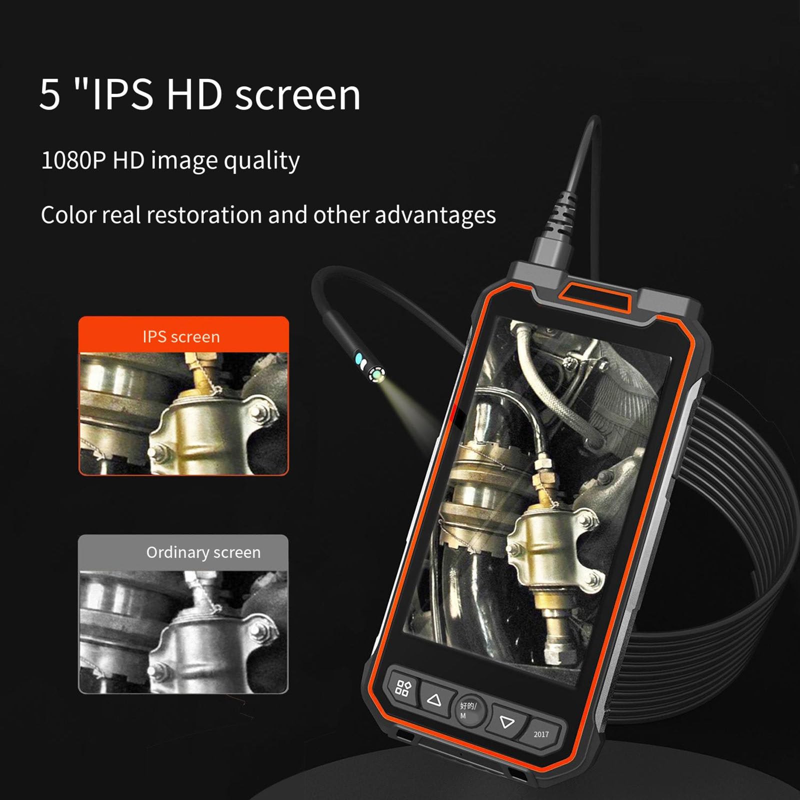 Endoscopio industriale a tre lenti Schermo IPS da 5.0 pollici 1080P Monitoraggio endoscopio portatile Telecamera serpente IP67 Impermeabile 3000MAH,10M