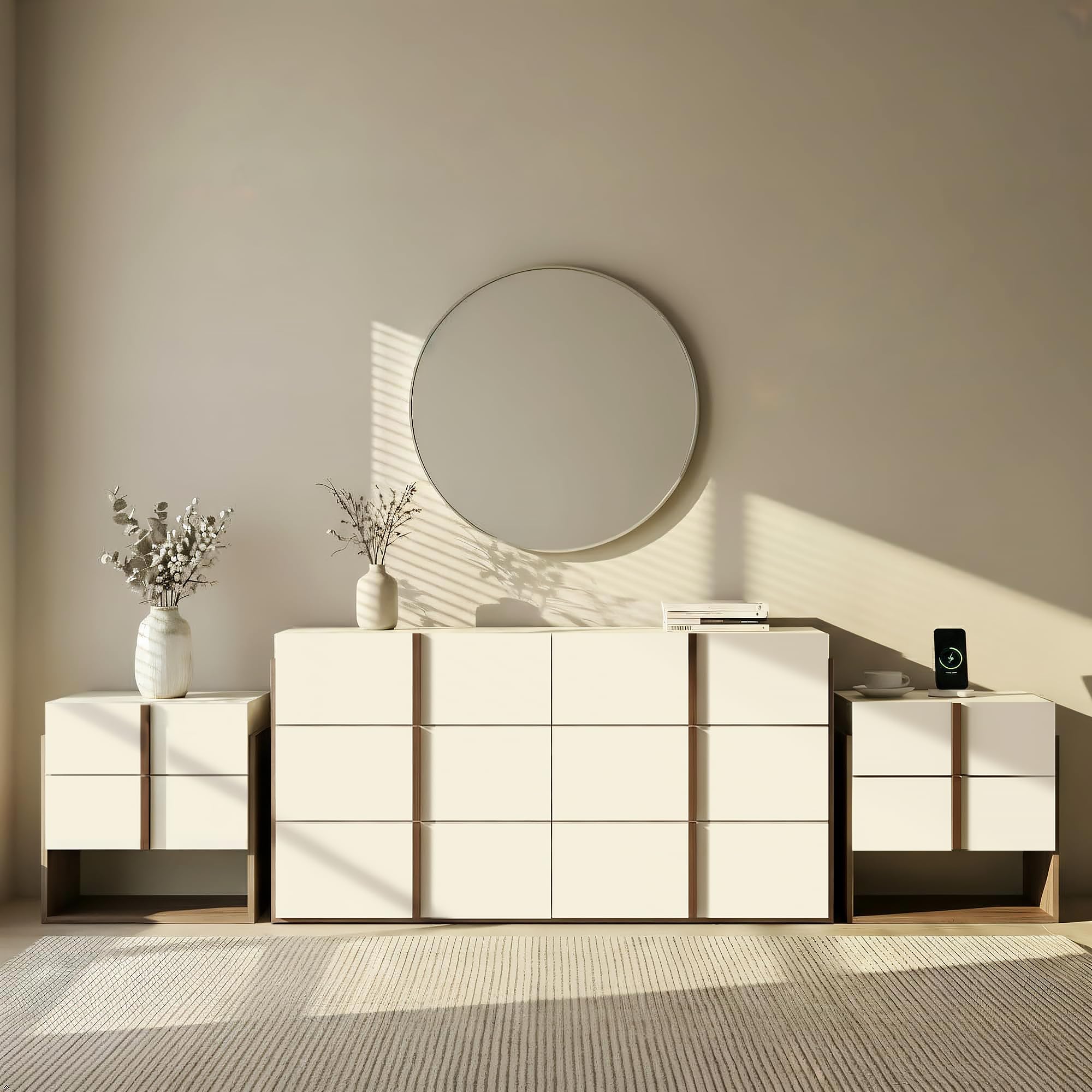 RIHHA 3-Piece Bedroom Furniture Set, 6-Drawer Dresser with 2 Charging Nightstands, Modern Storage Chest & Bedside Tables with Outlets/USB Ports, Cream