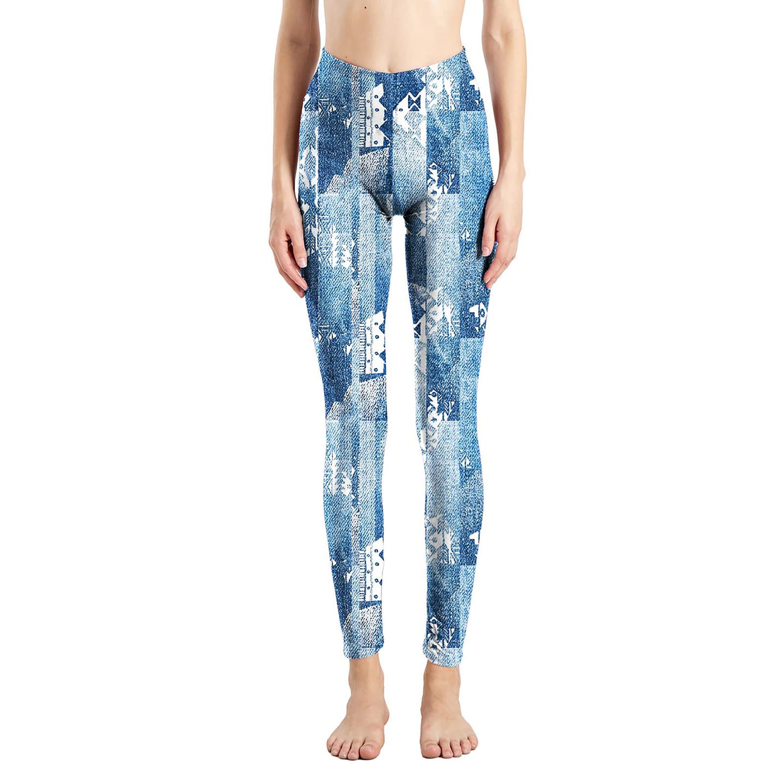 WERVOTWomen Casual Rose Stripe Pattern Printing Simulation Jeans Fitted Stretch Leggings High Waist Leggings