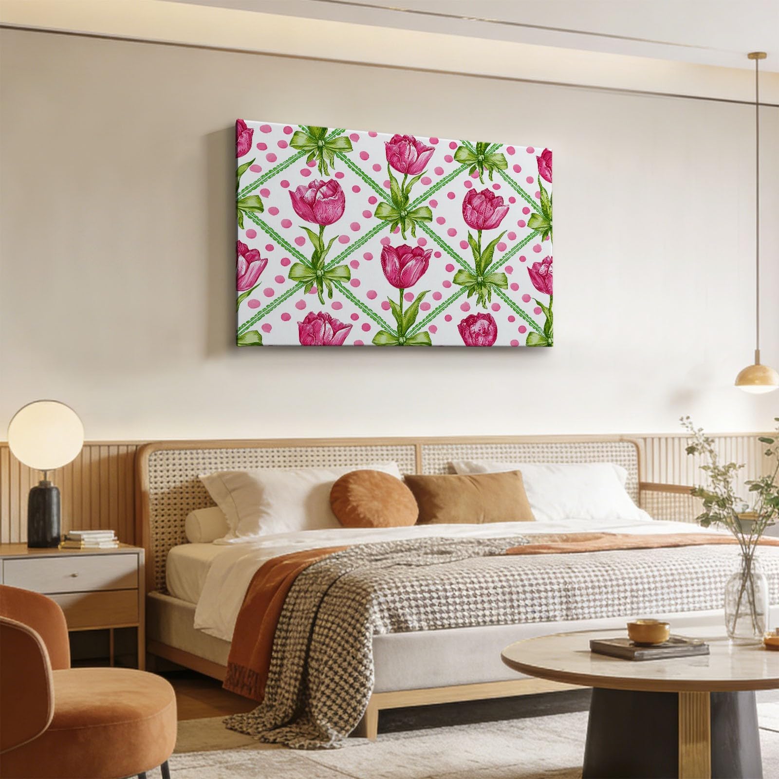 Tulpe Floral Rosa Punkte Karo Modernes Leinwandbild 120L x 60B cm mit Rahmen, Französischer Landhaus XXL Wanddeko für Wohnzimmer Geschenk Idee Einzug - Hochwertiger Kunstdruck auf Holzrahmen