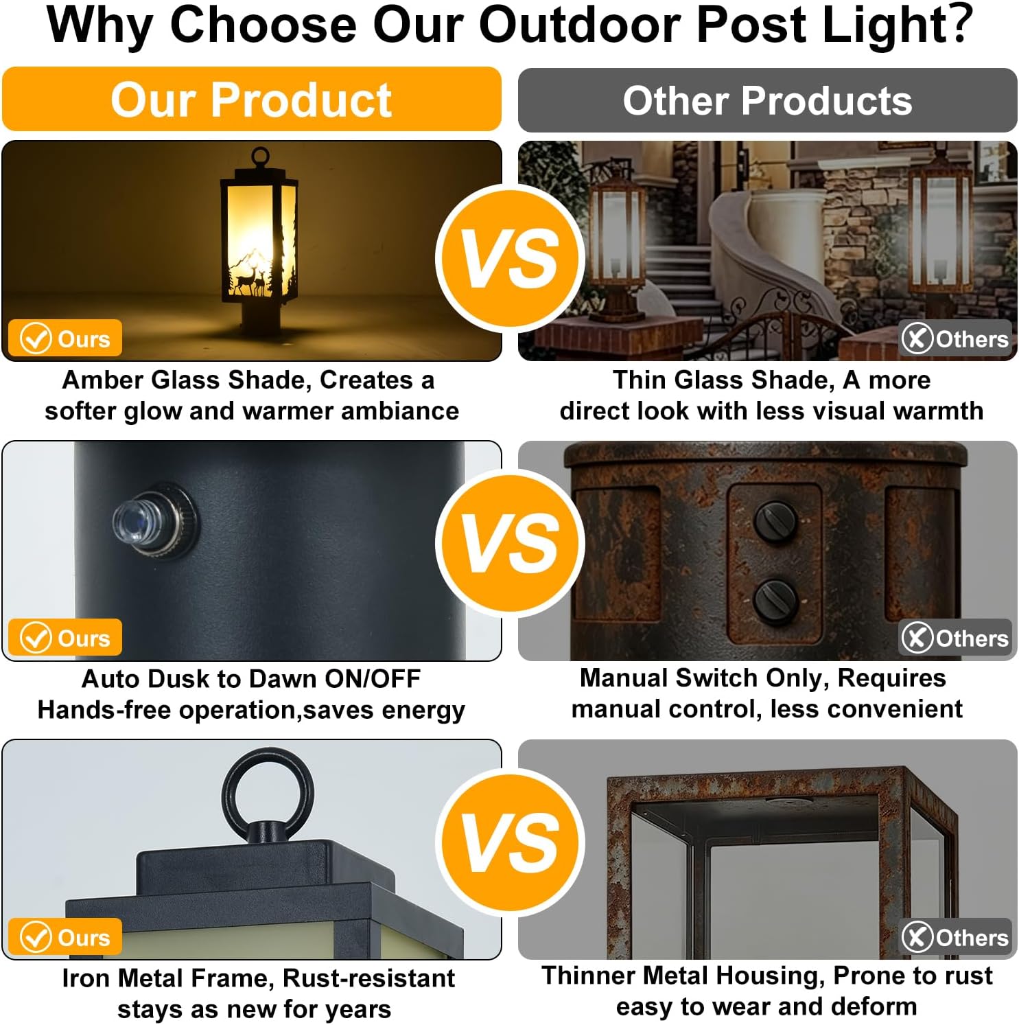 Outdoor Lamp Post Light Fixture Deer Pattern, Warm Amber Lampshade, Dusk to Dawn, Waterproof, Modern Matte Black Metal, E26 Base 60W, Lamp Post Topper Replacement for Walkway, Garden, 1 Pack