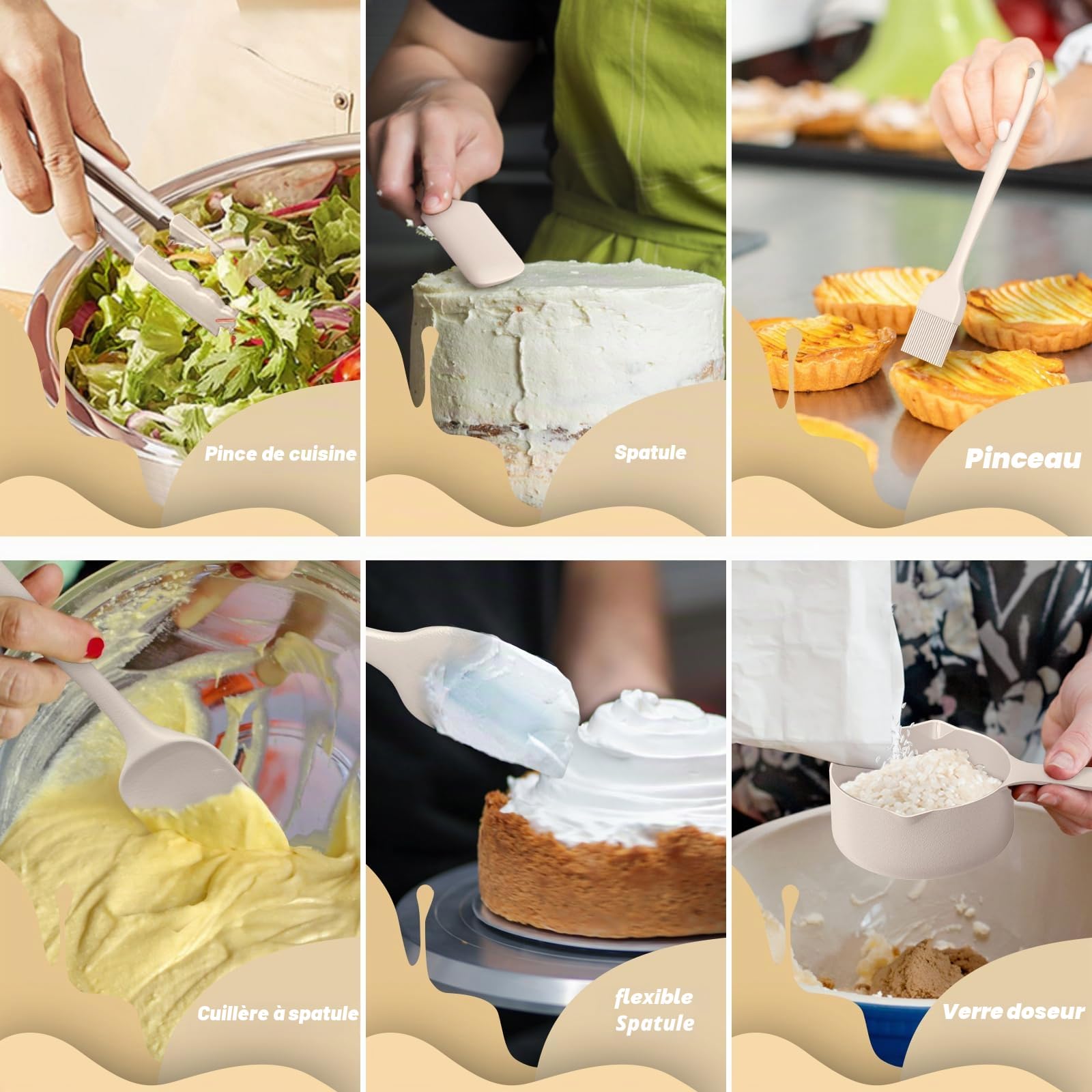 Terlulu Lot de 6 saladiers en acier inoxydable avec couvercle hermétique et fond en silicone, 3 embouts râpes, pour pâtisserie/servir, 6,6 l, 3,8 l, 2,4 l, 1,9 l, 1,4 l, 0,6 l, kaki