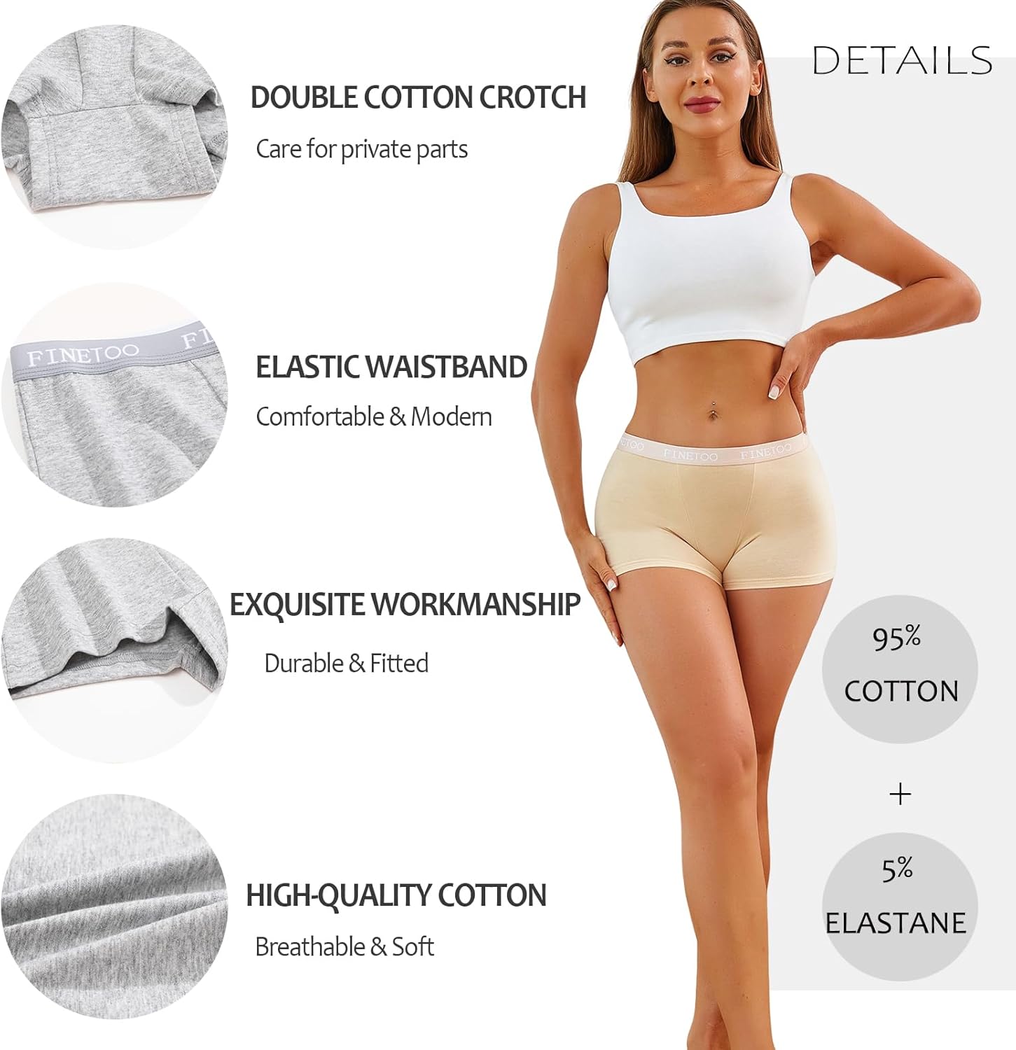 FINETOO Womens Cotton Boy Shorts Underwear Full Coverage Soft Boxer Briefs High Waisted Panties for Lady Girls 6 Pack - Image 5