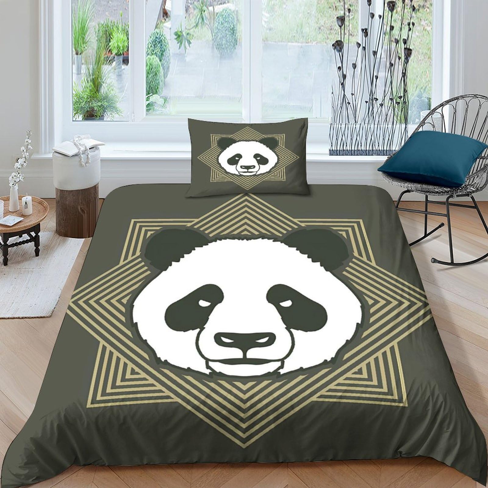 Housse de couette panda anti-plis zippée 135x200cm pour lit simple sans repassage