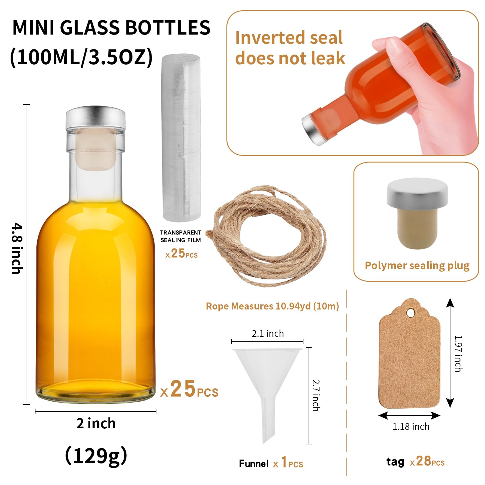 25 mini bottiglie di vetro da 99,2 ml, per liquori, con coperchio, piccole, riutilizzabili, vuote, con tappo a vite in alluminio nero, per Natale, compleanno, matrimoni (100 ml, 25 pezzi)