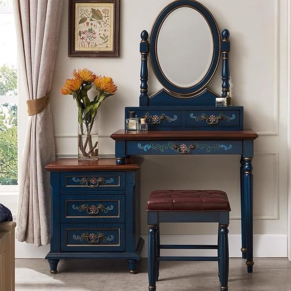4-Piece Solid Wood Vanity Set with Storage - Shabby Chic Painted American Country Dresser, Mirror, Makeup Stool & Nightstand(Brown) B2