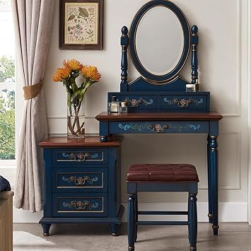 4-Piece Solid Wood Vanity Set with Storage - Shabby Chic Painted American Country Dresser, Mirror, Makeup Stool & Nightstand(Brown) B2