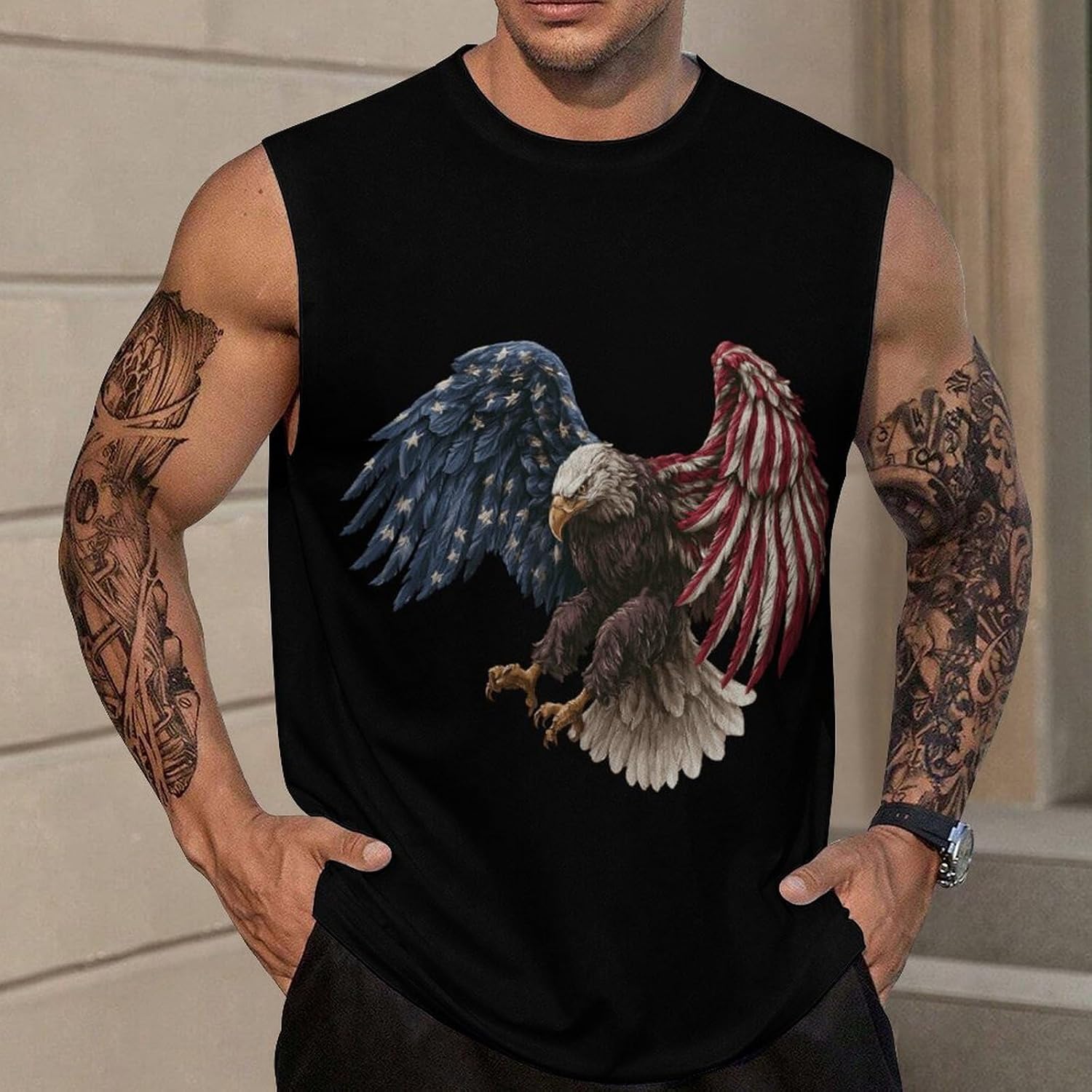 U.S. Flag Bald Ea-gle Men Summer Sleeveless Crew Neck Top 5XL