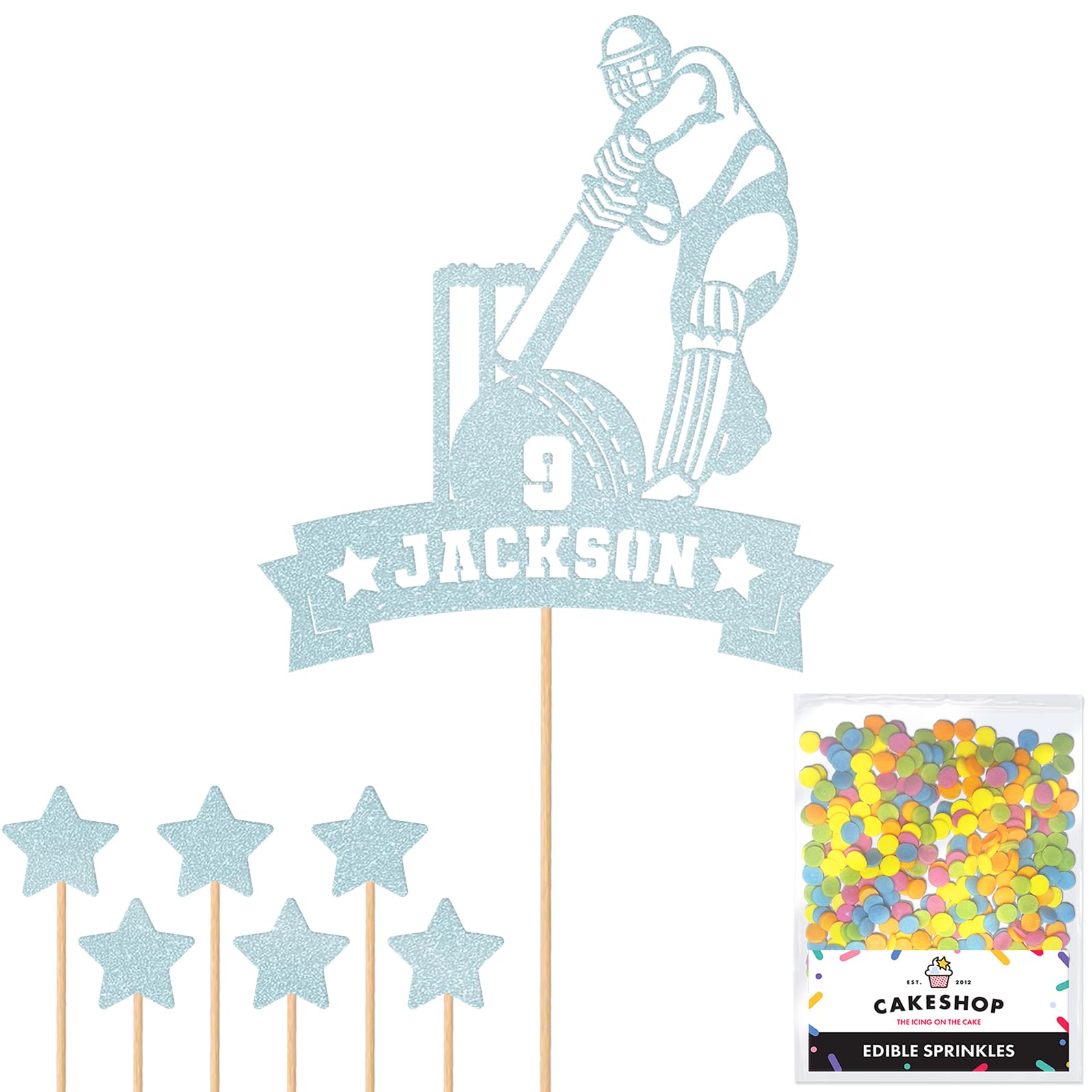Personalised Cricket Wicket and Bat Glitter Cake Topper Lt Blue Any Custom Age & Name Glitter Cake Decoration and Sprinkles - Happy Birthday Decorations - Personalised Toppers for Cakes by Cakeshop โ image 1