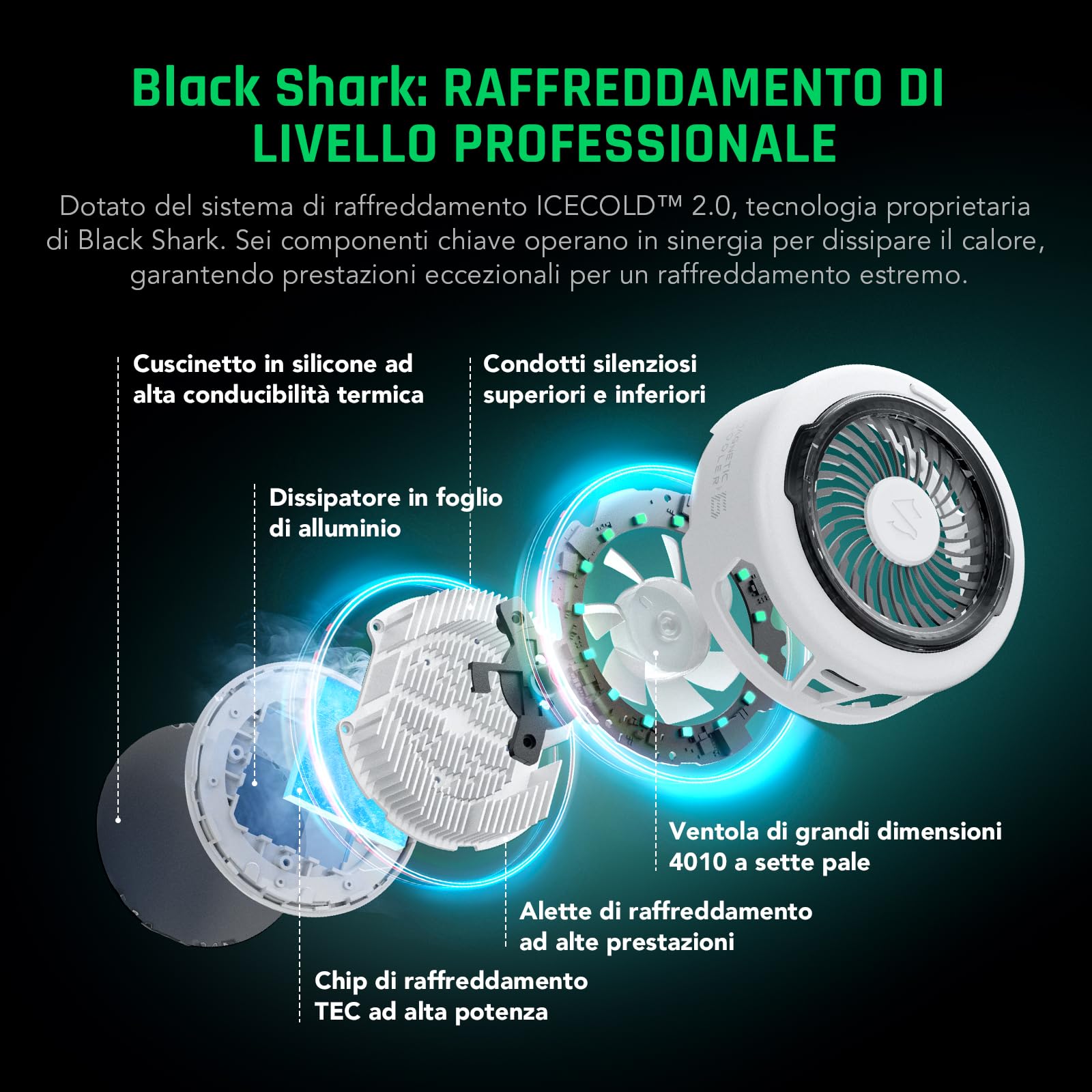 Black Shark FunCooler 6 Raffreddatore Magnetico per Telefono per Gaming, Ventola di Raffreddamento Portatile con Luce RGB, Radiante per Telefono Controllato da App per Serie Magnetica iPhone(Bianco)