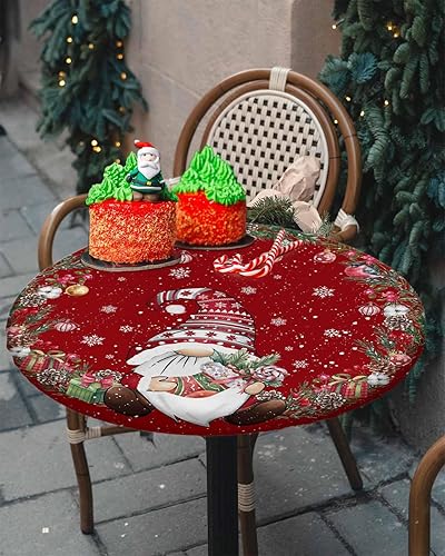 Miniatura 4 de Mantel redondo ajustable de Navidad con borde elástico, mantel redondo de gnomo de Navidad con borde elástico, mantel impermeable con cono de pino y