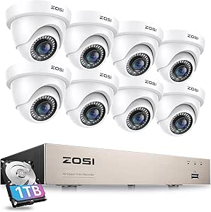 ZOSI 3K Lite 8CH Security Camera System with 1TB HDD,AI Human/Vehicle Detection,80ft Night Vision,H.265+ 8 Channel 1080P HD-TVI DVR Recorder,8pcs 1920TVL Weatherproof CCTV Dome Cameras Indoor Outdoor asin的图片