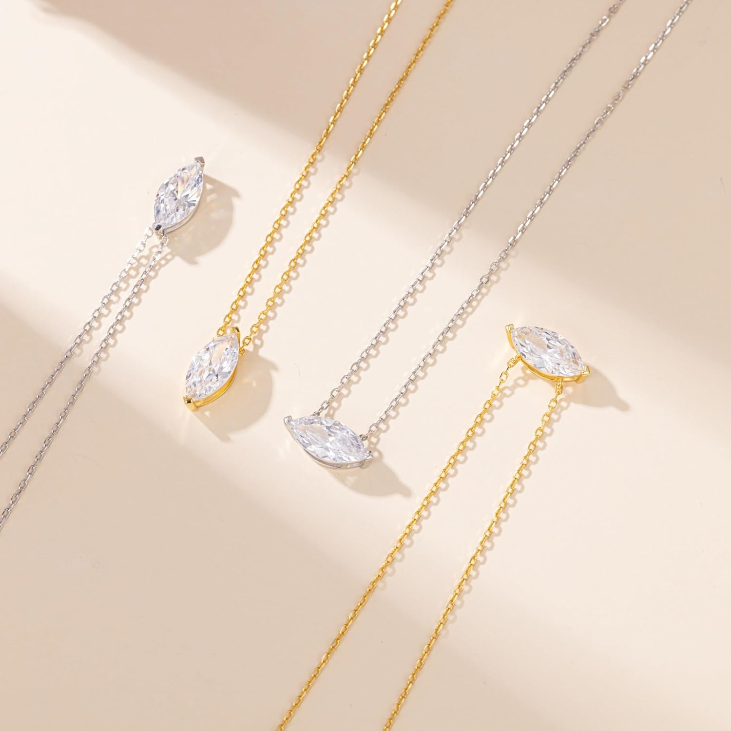 925 Sterling Silver Marquise Cubic Zirconia Necklace for Women 14K Gold Plated Single Solitaire Pendant Minimalist Dainty CZ Necklace Wedding Jewelry Gift