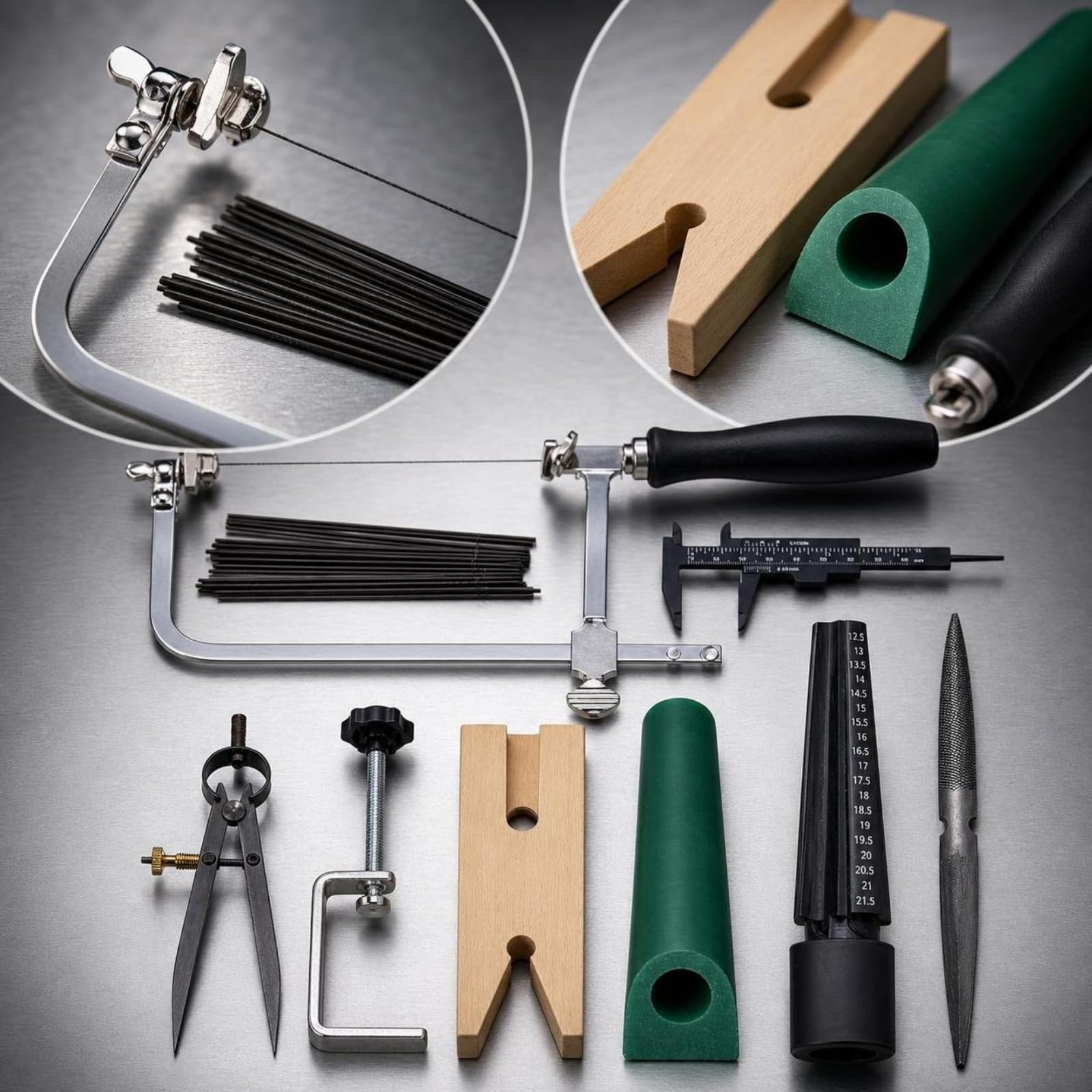 Crafting Equipment Set per Lavorazione Anelli con Archetto Seghetto Robusto Misuratore Circolare Asta Verde Calibro Metallo Morsetto Fascia Blocco