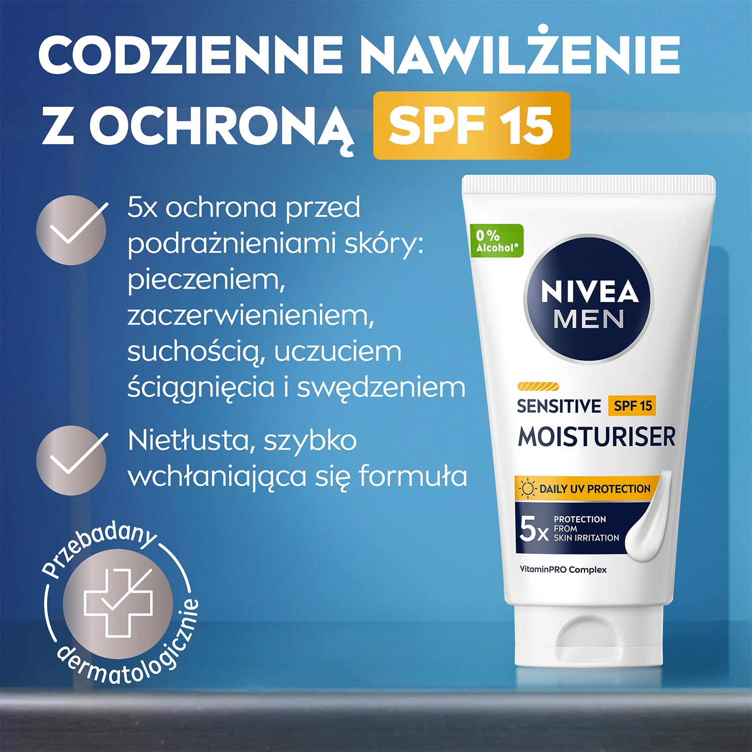 NIVEA MEN Sensitive Męski Krem nawilżający do twarzy, łagodzący i z SPF 15, Wyciąg z rumianku i Witamina E 75 ml