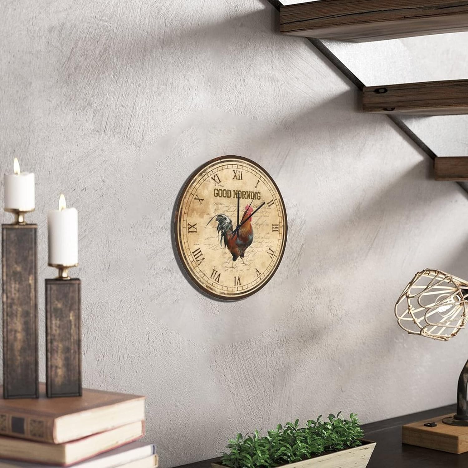 Vintage Good Morning Rooster Wall Clocks Rustic Countryside Shabby Chic French Paris Chicken Battery Operated Roman Numerals Hanging Clocks for Patio Pool Bathroom Home Bedroom Office 12-Inch