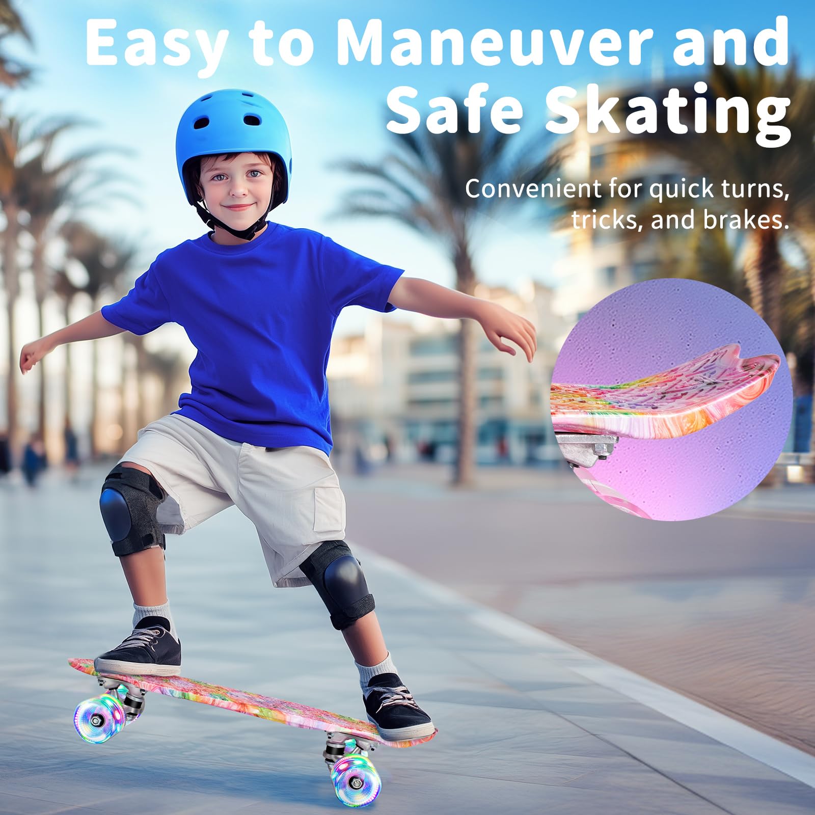 BELEEV Skateboard Cruiser da 55,9 cm per bambini, ragazzi, adolescenti, adulti, principianti, ruote luminose a LED, mini skateboard classico completo con attrezzo a T, carico massimo 99,8 kg