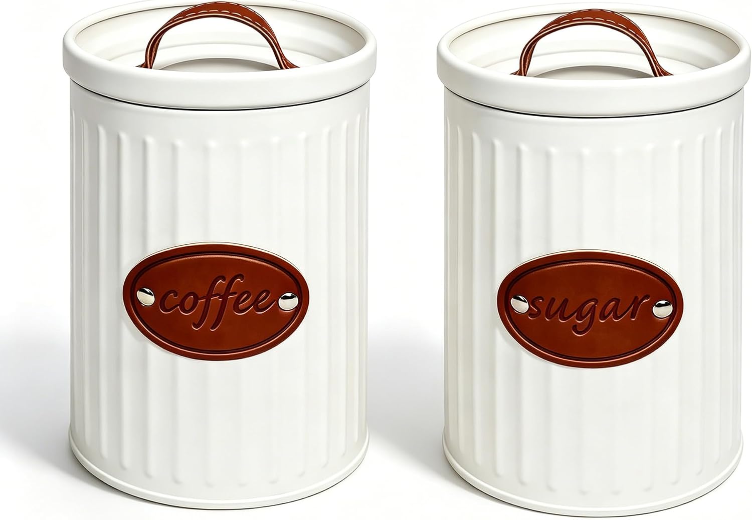2 PCS Metal Food Canister Set, 37oz, White, Airtight, for Coffee, Sugar, Beans, Pods, Rustic Farmhouse Kitchen Countertop (White+Brown)