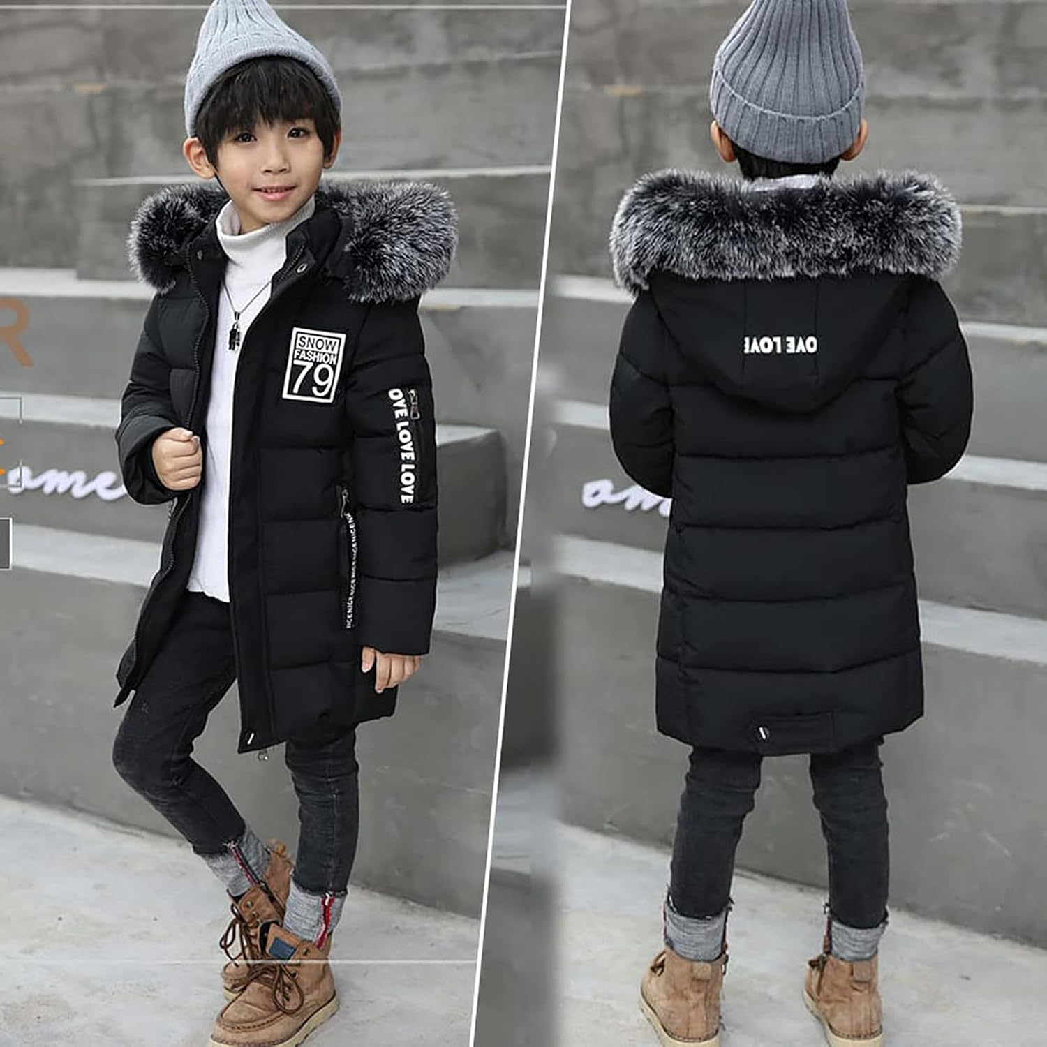 Boys Thick Parka Coats Faux-Fur Hood Puffer Jackets Kids Toddler Quilted Windproof Hiking Down Outwear with Pockets