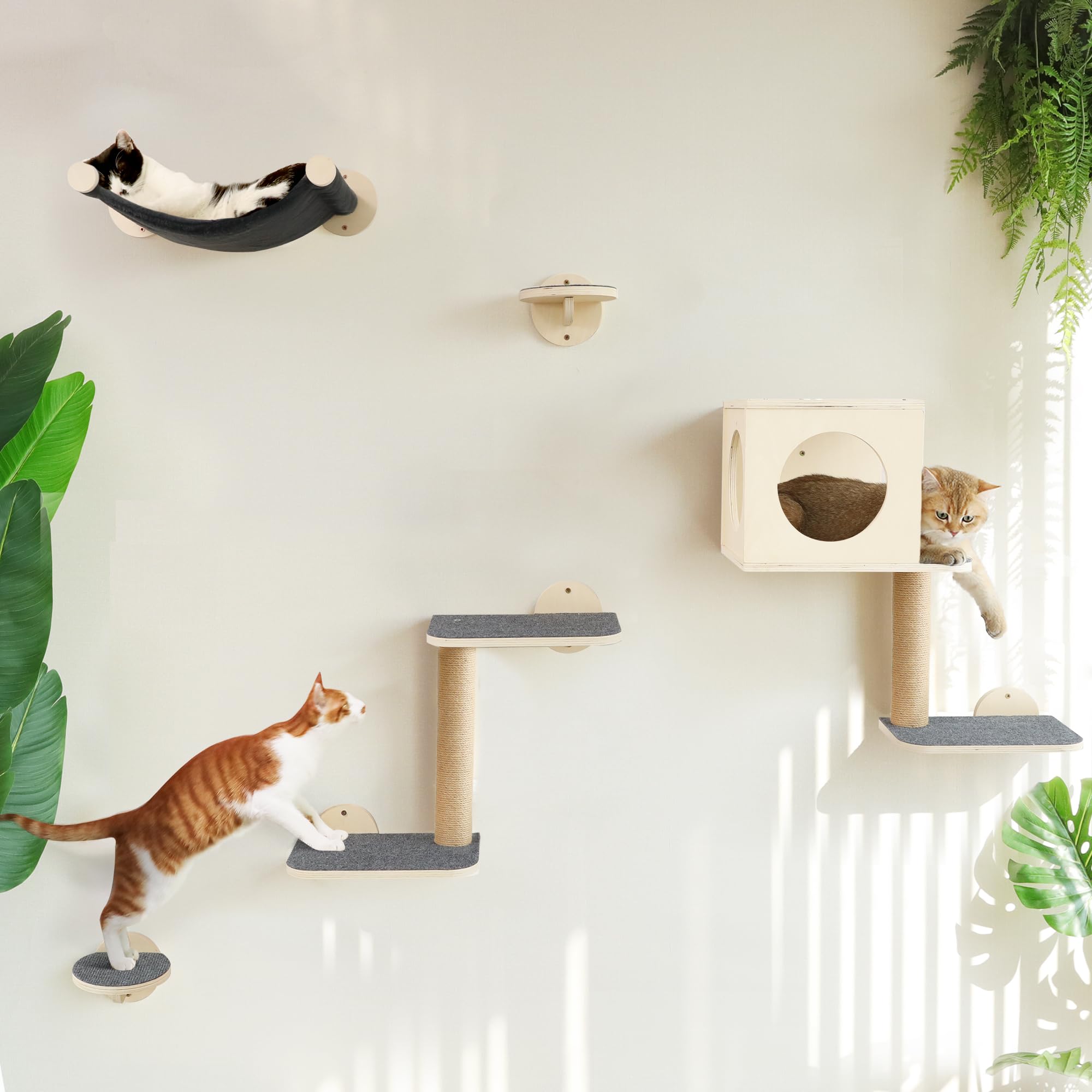 FUKUMARU Kletterwand für Katzen, 5-teiliges Wandregal-Set aus Birken-Multi-Schichtplatte, stabiles Katzenwandmöbel mit Hängematte, Katzenhaus, Katzentreppe und Kratzbaum, grau