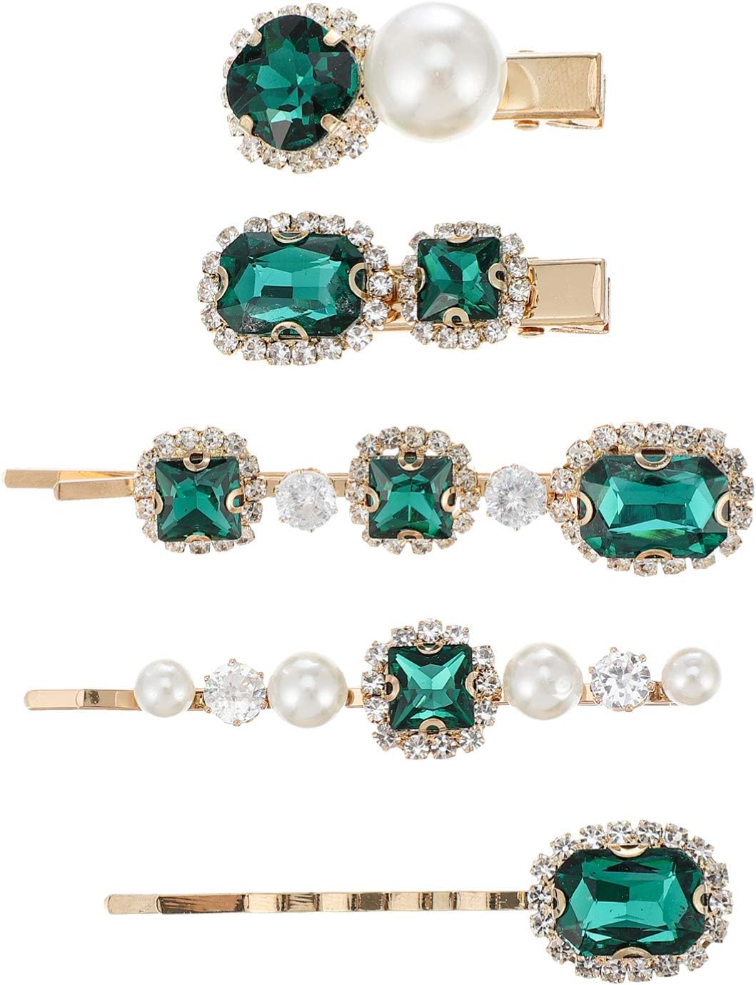 Lurrose5pcs Green Crystal Hair Clips Pearl Diamond Hairpins Metal Makeup Clips Wedding Headdress for Women Girls Hair Decoration