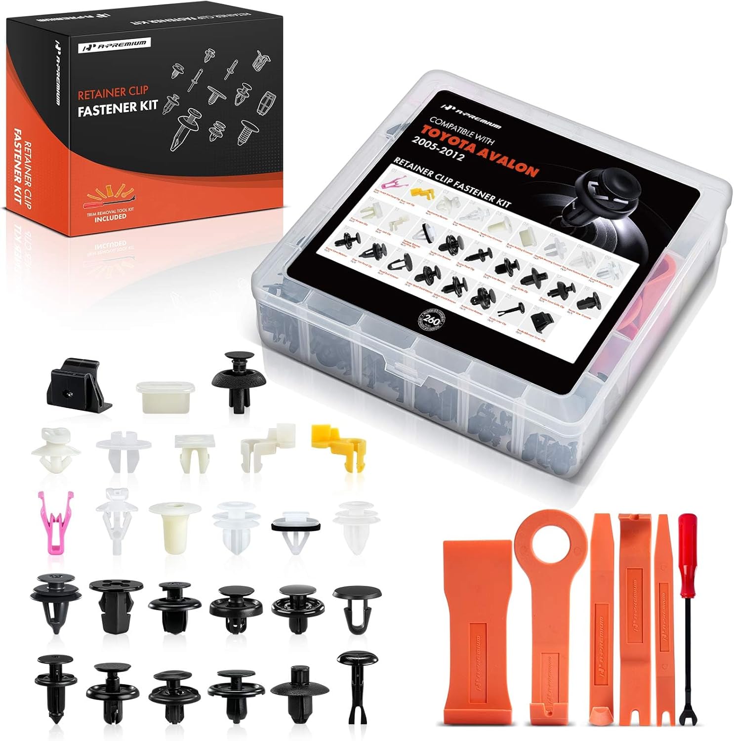 A-Premium 260PCS (26 Sizes/47 oz) Bumper Fender Retainer Clips Kit - Compatible with Toyota Avalon 2005-2012 - Weatherstrip Door Trim Panel Hood Push Pin Plastic Nylon Rivet Fastener, w/Removal Tool