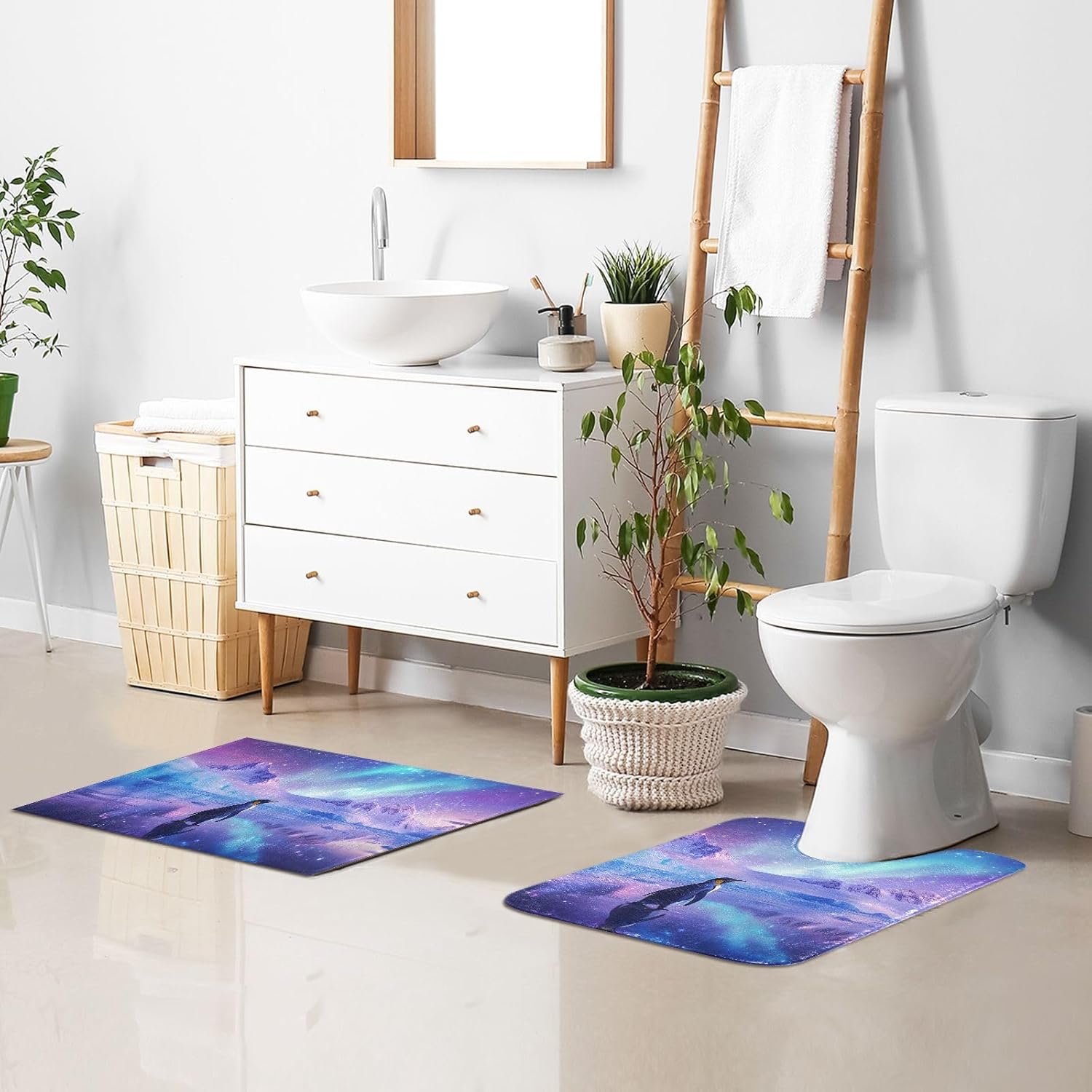 2 Pieces Bathroom Mat Set-Aurora Penguin, Plush Absorbent Bath Mats Carpets with Non Slip Bottom for Bathroom Toilet Tub and Shower
