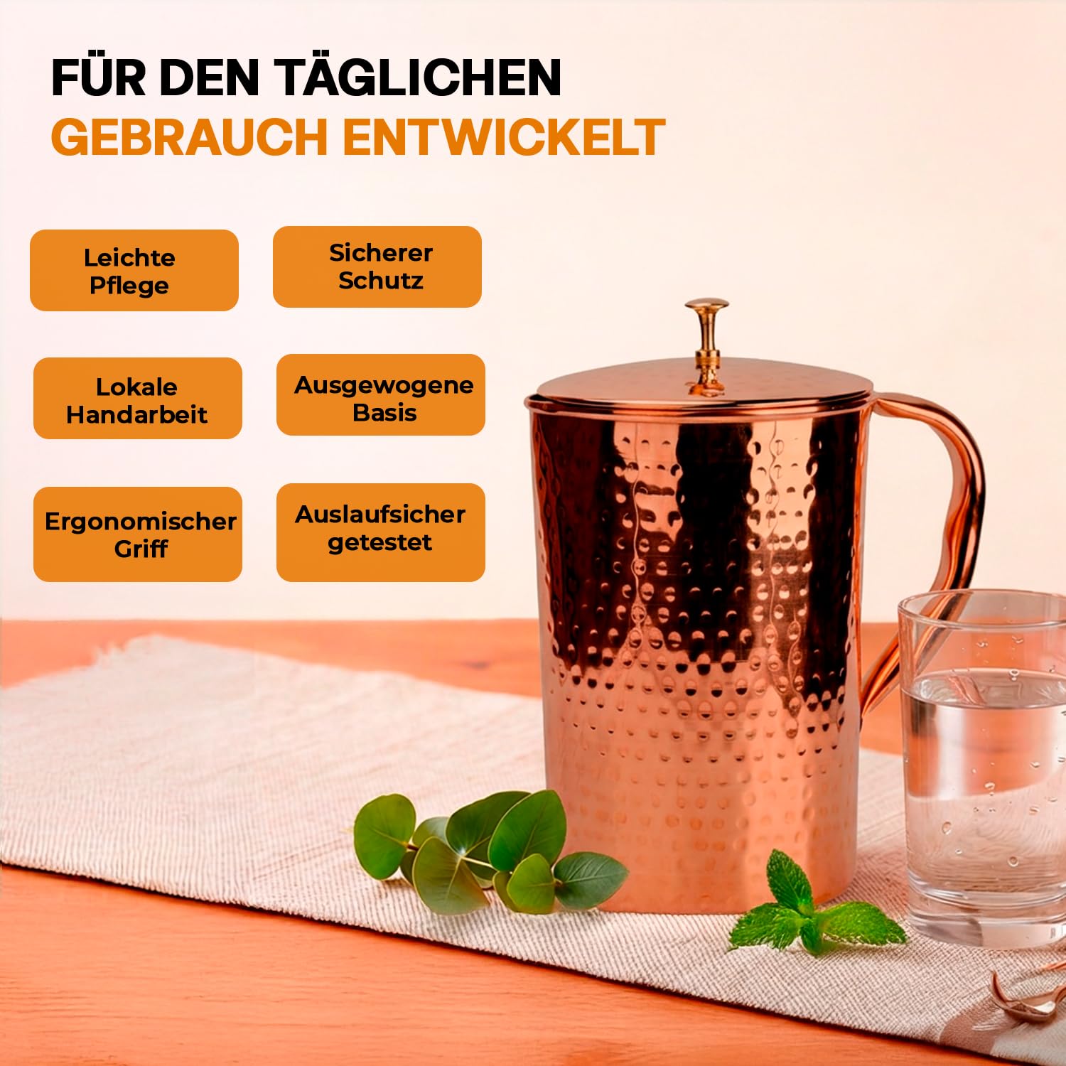 Royal Pichet en cuivre pur 1800 ml | 99,99 % cuivre de qualité alimentaire testé en laboratoire | Sans BPA et anti-fuite | Inspiré de l'Ayurveda pour l'immunité, la digestion, la maison et le bureau
