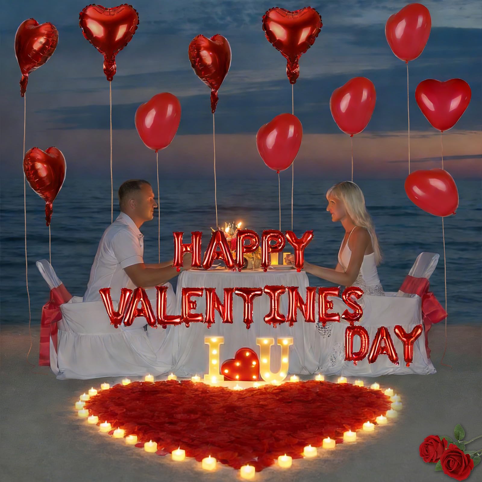 Decoraciones para el día de San Valentín, globos de feliz día de San Valentín, 3000 pétalos de rosa roja con 36 luces LED cálidas, velas con letras iluminadas, 2 rosas artificiales, corazón, globos de