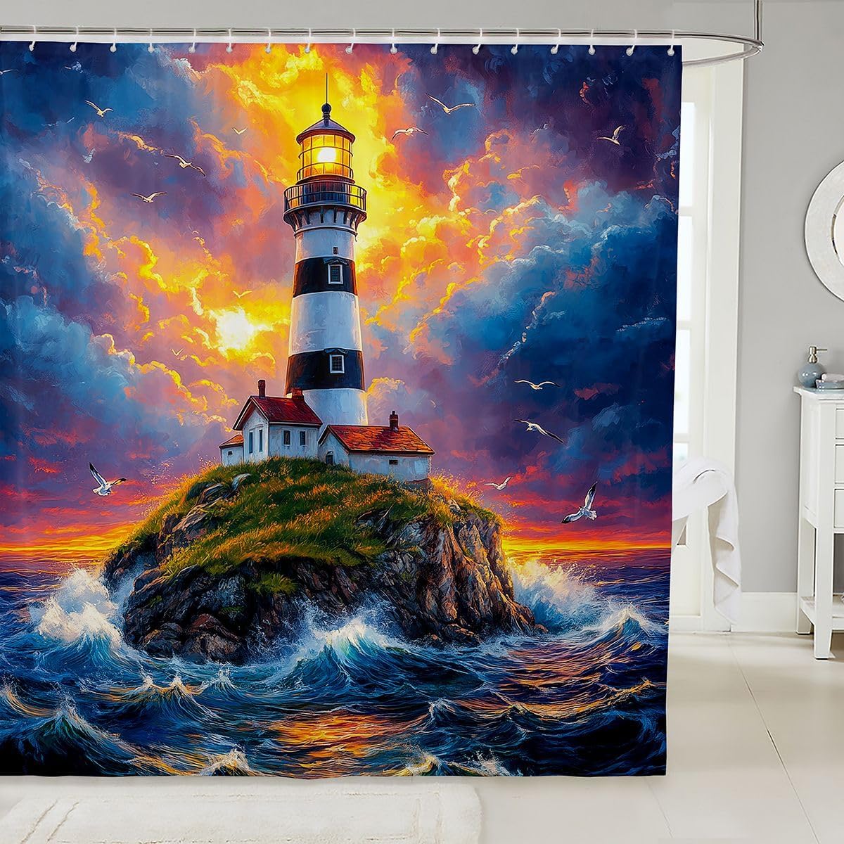 Homewish Coastal Lighthouse Bathroom Shower Curtain Set Hawaiian Sunset Curtain Kids Stalls Decor Sea Wave Beach Seagull Waterproof Bathroom Accessories 72"x72" Dark Orange