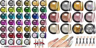 Mirror Chrome Nail Powder Set, Gold Silver Unicorn Iridescent Holographic Chrome Nail Powder, Metallic Red Blue Green Black Purple Brown Chrome Pigment Glitter Foils Nail Art Chameleon Flakes Sequins