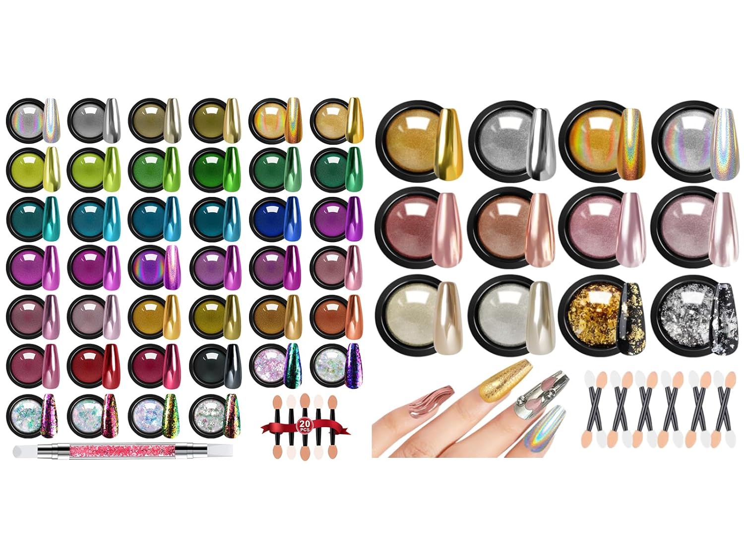 Mirror Chrome Nail Powder Set, Gold Silver Unicorn Iridescent Holographic Chrome Nail Powder, Metallic Red Blue Green Black Purple Brown Chrome Pigment Glitter Foils Nail Art Chameleon Flakes Sequins