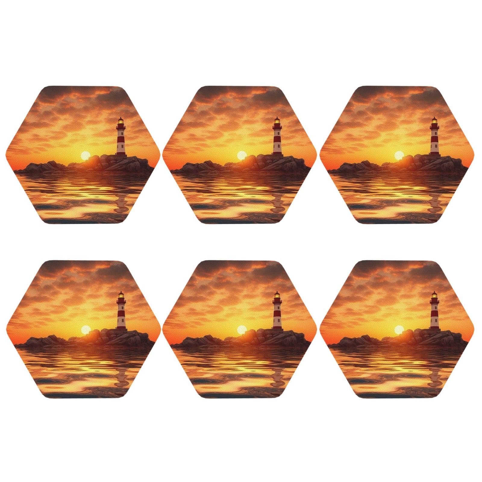 6pcs Leather Coasters for Drinks, Sea Lighthouse in Sunset Drink Coasters for Tabletop Protection, 4" Cup Coasters for Coffee Table Decor, Non-Slip Drinking Cup Mat for Hot Or Cold Drink