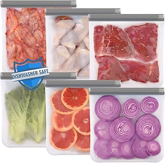 Lerine 6 Pack Reusable Gallon Freezer Bags Dishwasher Safe, BPA Free Reusable 1 Gallon Bags, Leakproof Food Storage Bags for Marinate Meats, Cereal, Vegetables, Home Organization(Gray, 6Gallon)