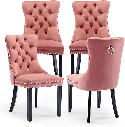 Miniatura 70 de Juego de 6 Sillas de Comedor Tapizadas en Terciopelo, Sillas Laterales de Cocina de Estilo Moderno con Ribete de Tachuelas y Patas de Madera, Anillo