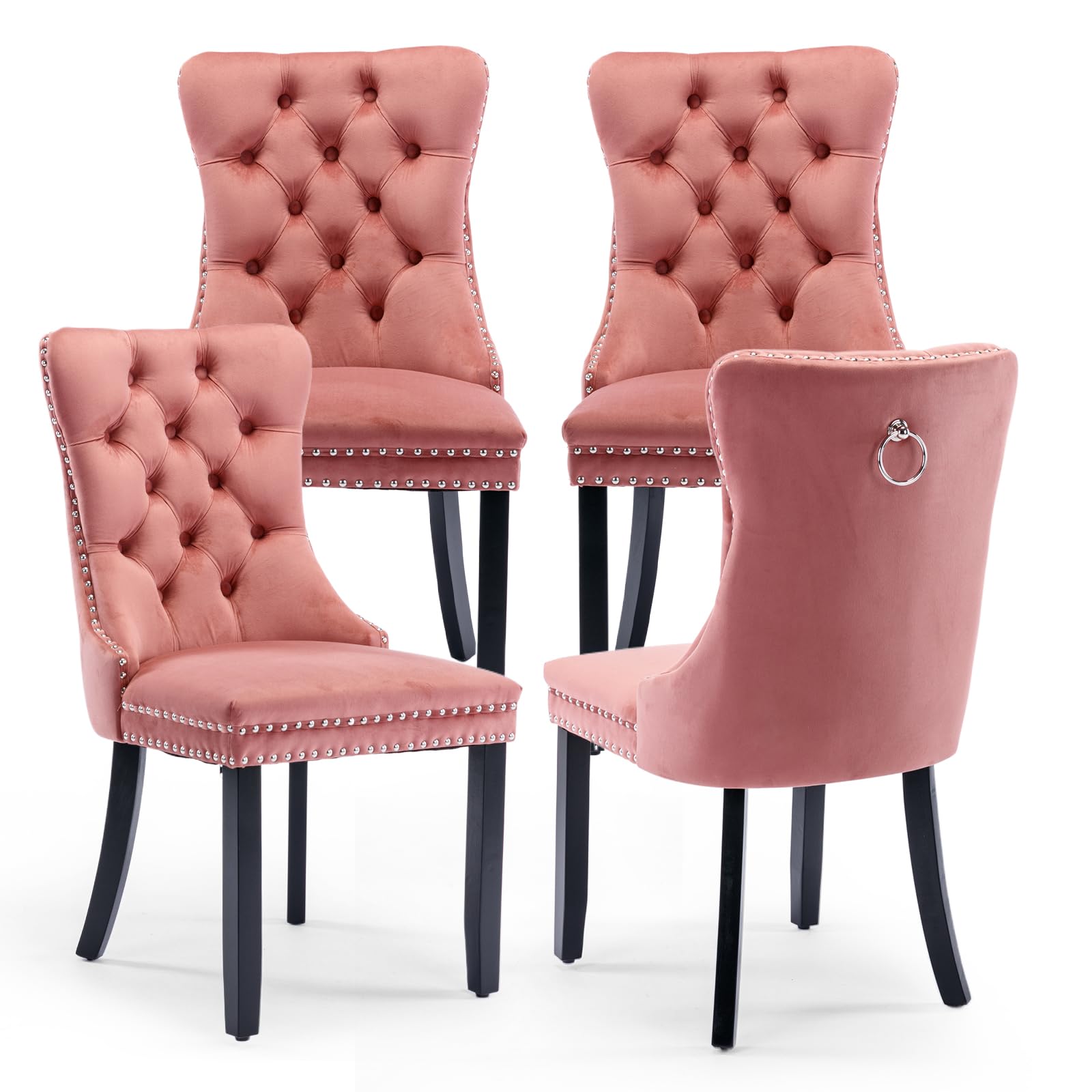 SoarTalent Velvet Upholstered Dining Chairs Set of 4, Modern Style Kitchen Side Chairs with Nailhead Trim and Wood Legs,Metal Pulling Ring for Dining