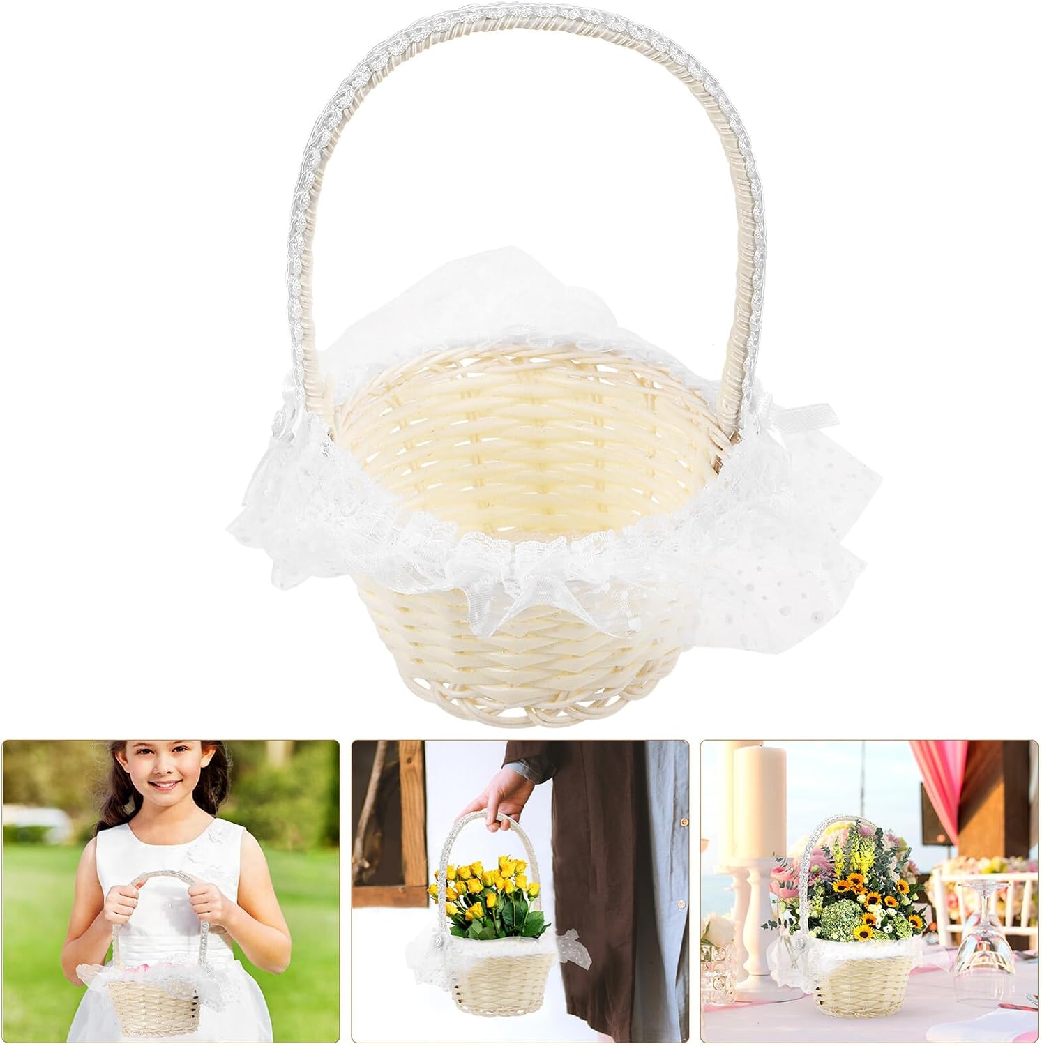 Rustic Handwoven Flower Girl Basket with Handle, 13x18cm White Short Tulle, Portable Wedding Petal Basket for Flower Girl Ceremony and Party Supplies