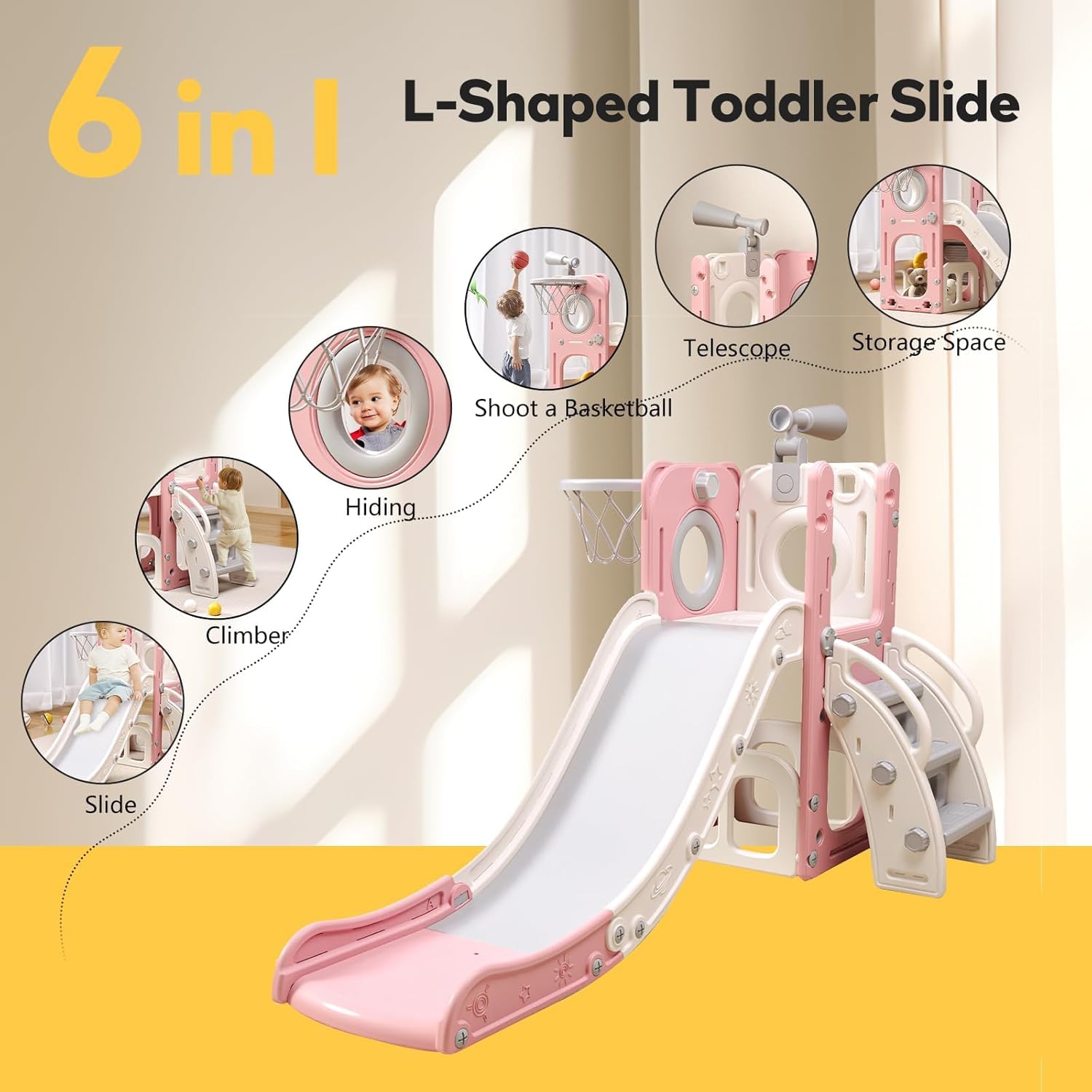6 in 1 Toddler Playset with Slide, Kids Slide with Basketball Hoop, Ball, Ring Toss, Indoor Outdoor Toys (Pink)