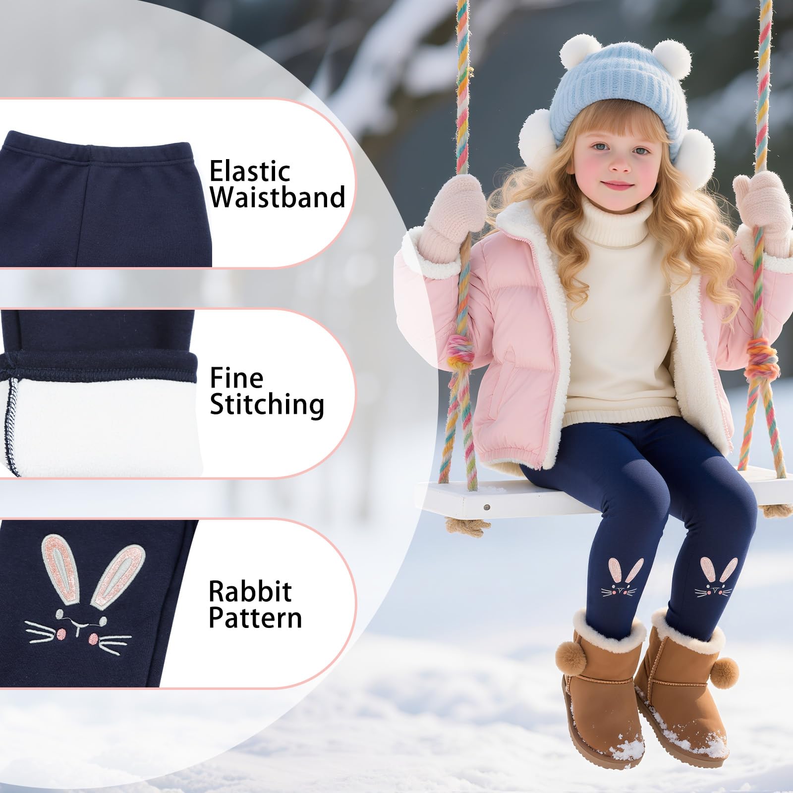 Termiczne legginsy dziewczęce z podszewką, ciepłe legginsy z polarem, grube, długie spodnie, dziecięce, bawełna, elastyczne spodnie zimowe, wzór królika, spodnie termiczne, rozm. 104-146