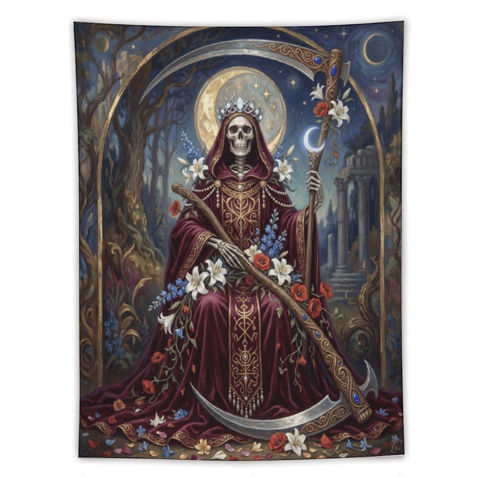 H3B8U2Y5 Floral Grim Reaper Wall Tapestry, Gothic Oil Style, Dorm Room