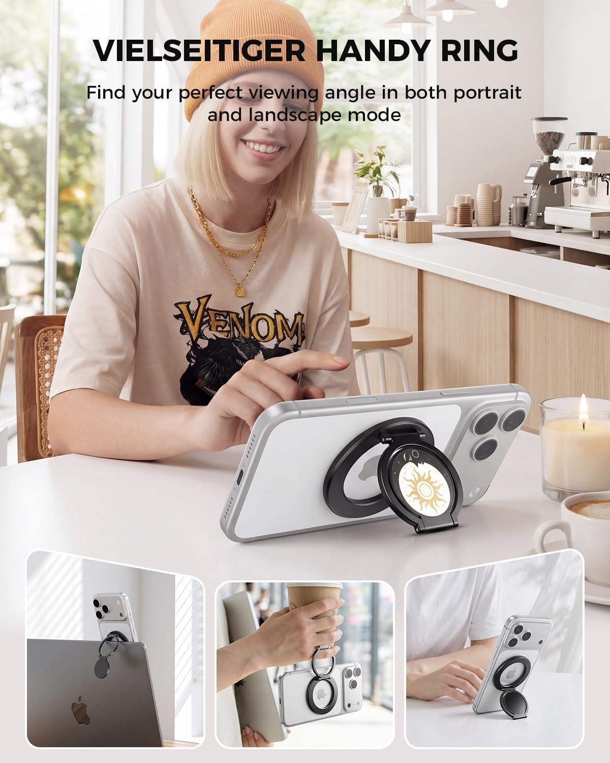 SUPERONE Upgraded Magnetic Phone Grip, Dual-Sided Magnet Phone Stand 360° Rotation Holder, Removable Gym MagSafe Kickstand for iPhone 17/16/15/14/13/12 Compatible with Magnetic Car Mount-Sun Pattern