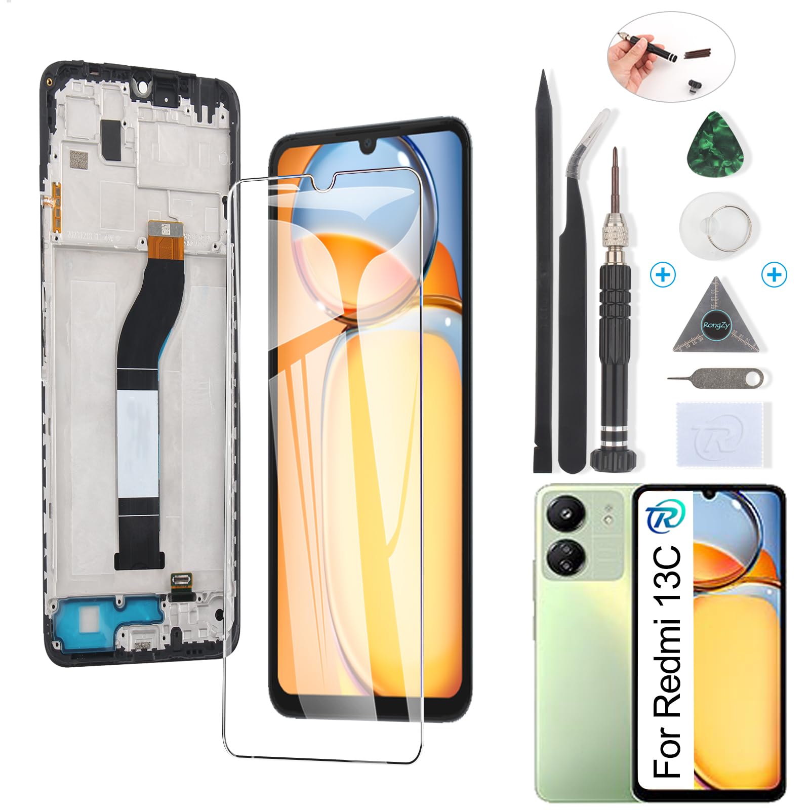 RongZy Pantalla para Xiaomi Redmi 13C Pantalla Táctil LCD Kit de Pantalla de Repuesto Ensamblaje Digitalizador de Reemplazo con Herramientas(Negro con Marco)