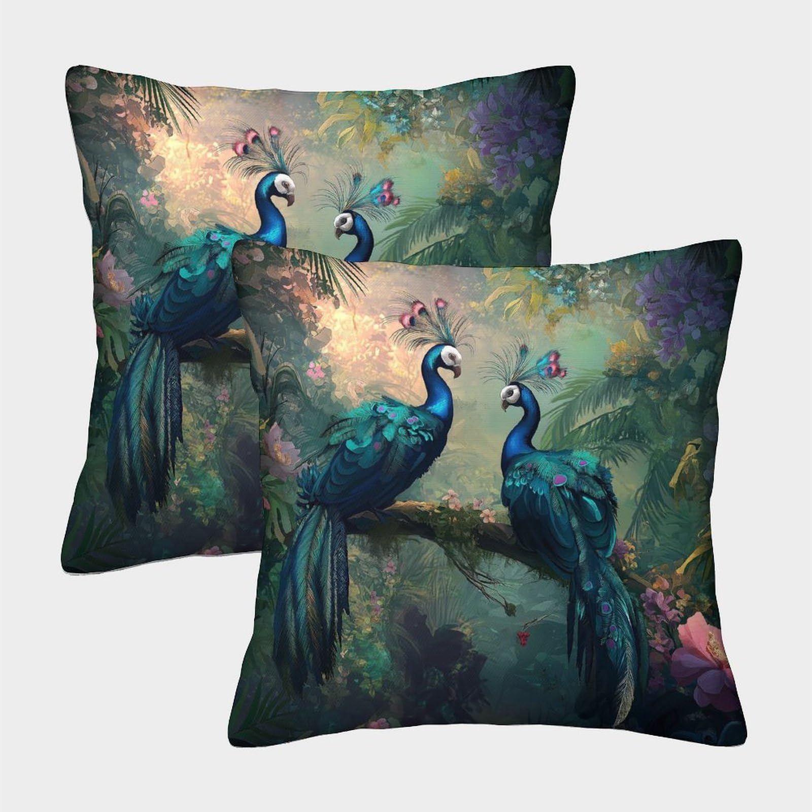 kaiyun 2 Pack 50x50cm Pillow Cases,Peacock in The Jungle,Trees And Flowers Decorative 3D Printed Cushion Cover,sofa Bed Decorative Cushions