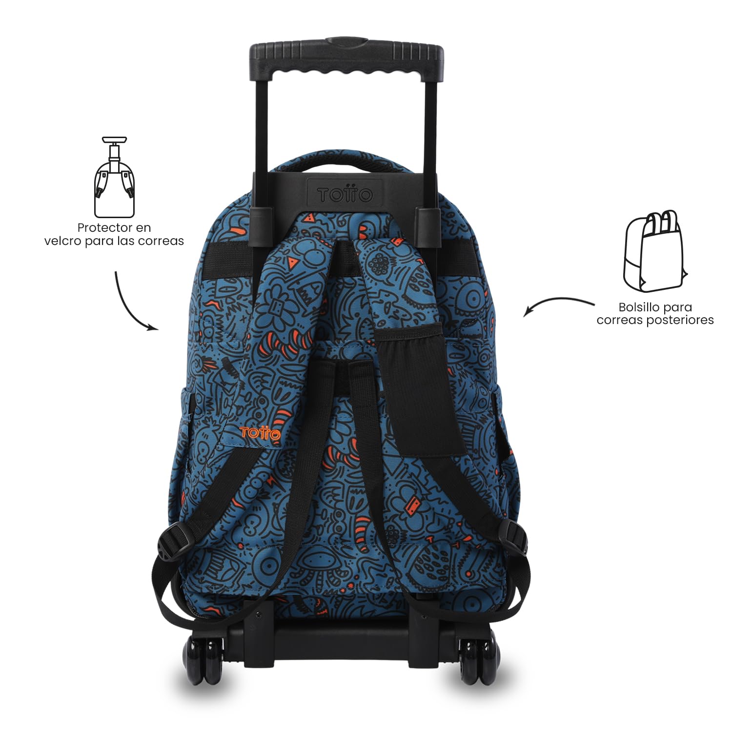 TOTTO - Mochila Escolar con Ruedas, Modelo Renglones, Capacidad 26,21 Litros, Bolsillo para PC 15,4", Bolsillo Botella, Correas en S para Mayor Comodidad, Resistente, Estampado Grafer