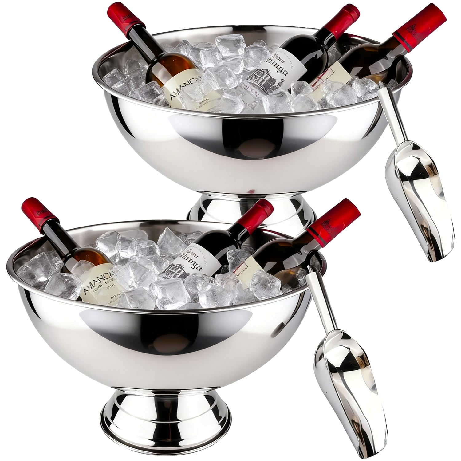 Photo 1 of Large Ice Bucket 13L Stainless Steel Champagne Bowl Ice Bucket with Ice Scoop Semicircle Drink Tub with Integrated Base Silver Beverage Tub for Parties, Cocktail Bar, Chilling Wine (2 Packs-Silver)