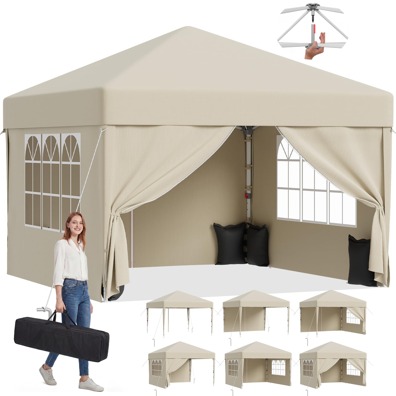 JUMMICO Tonnelle Pliable 3x3m Imperméable Stable au Vent Hauteur Réglable Beige