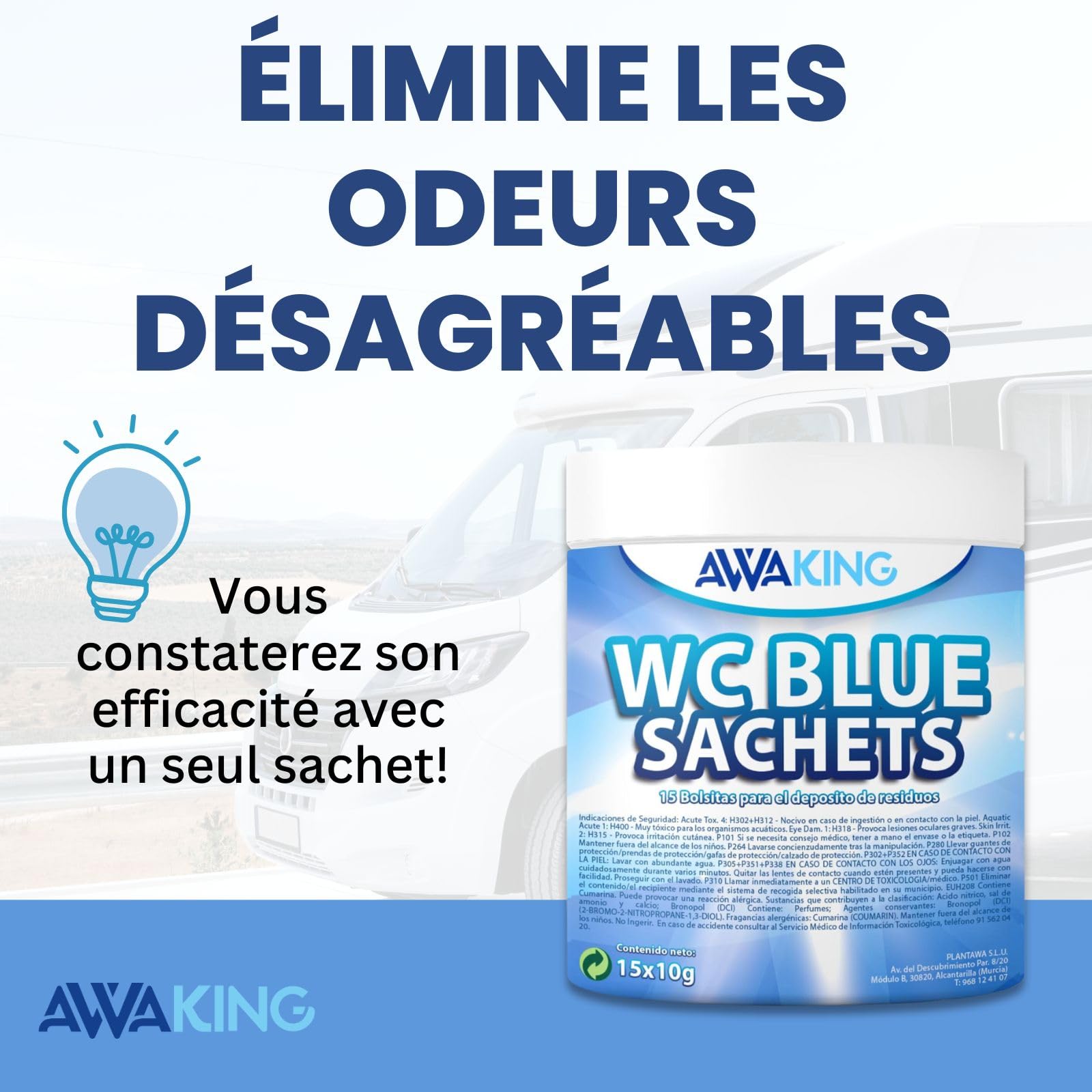 AWAKING Pastilles WC Chimique Pour Camping-Car 15 Blue Sachets | Nettoyage en profondeur et désodorise. Formule concentrée et arôme frais, réservoir d'eau noire, caravane, camping-car