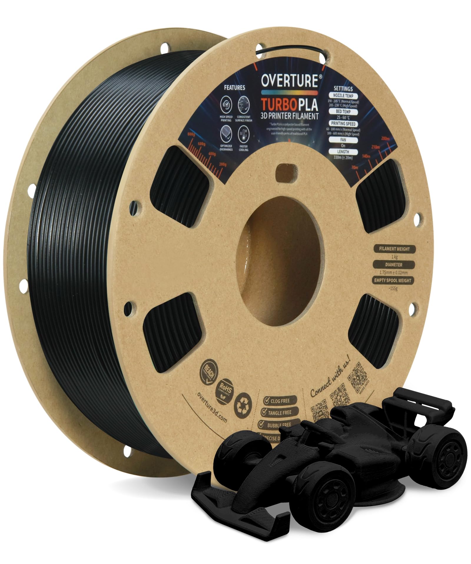 overture turbo pla filament 175mm rapid pla filament high speed 600mms 1kg cardboard spool 22lbs dimensional accuracy - 002mm fit most fdm printerblack